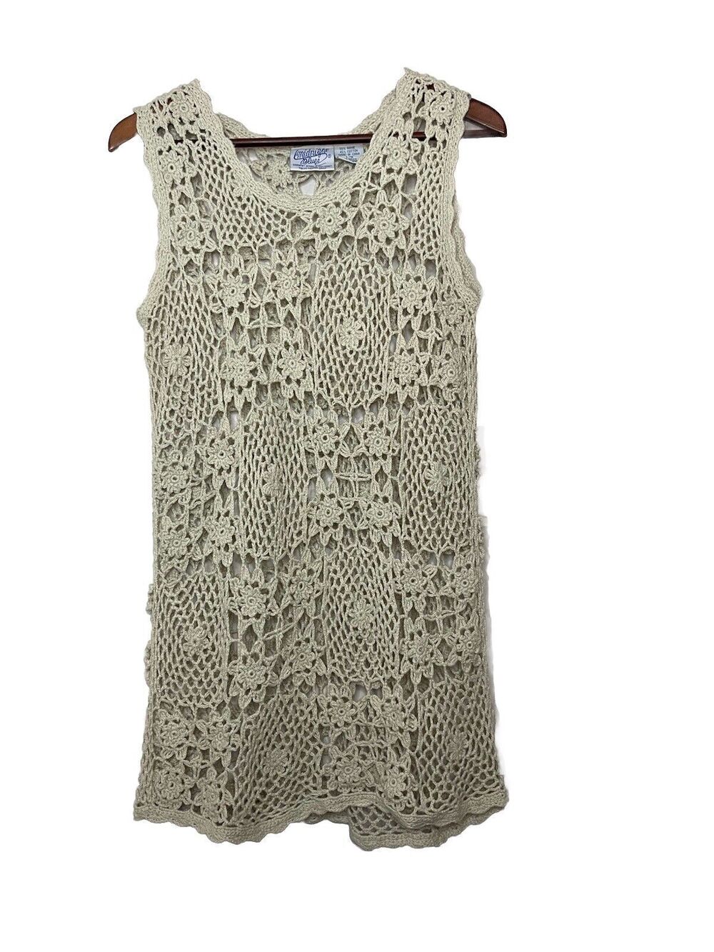Midnight Blues Vintage Crochet Mini Dress Sleeveless Floral Women's L Beige